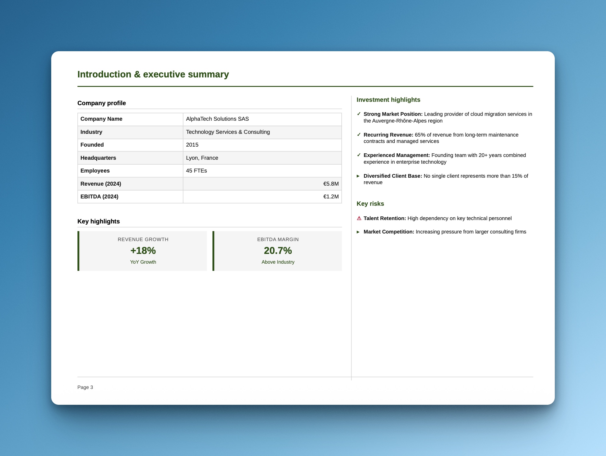 Company profile and investment highlights slide