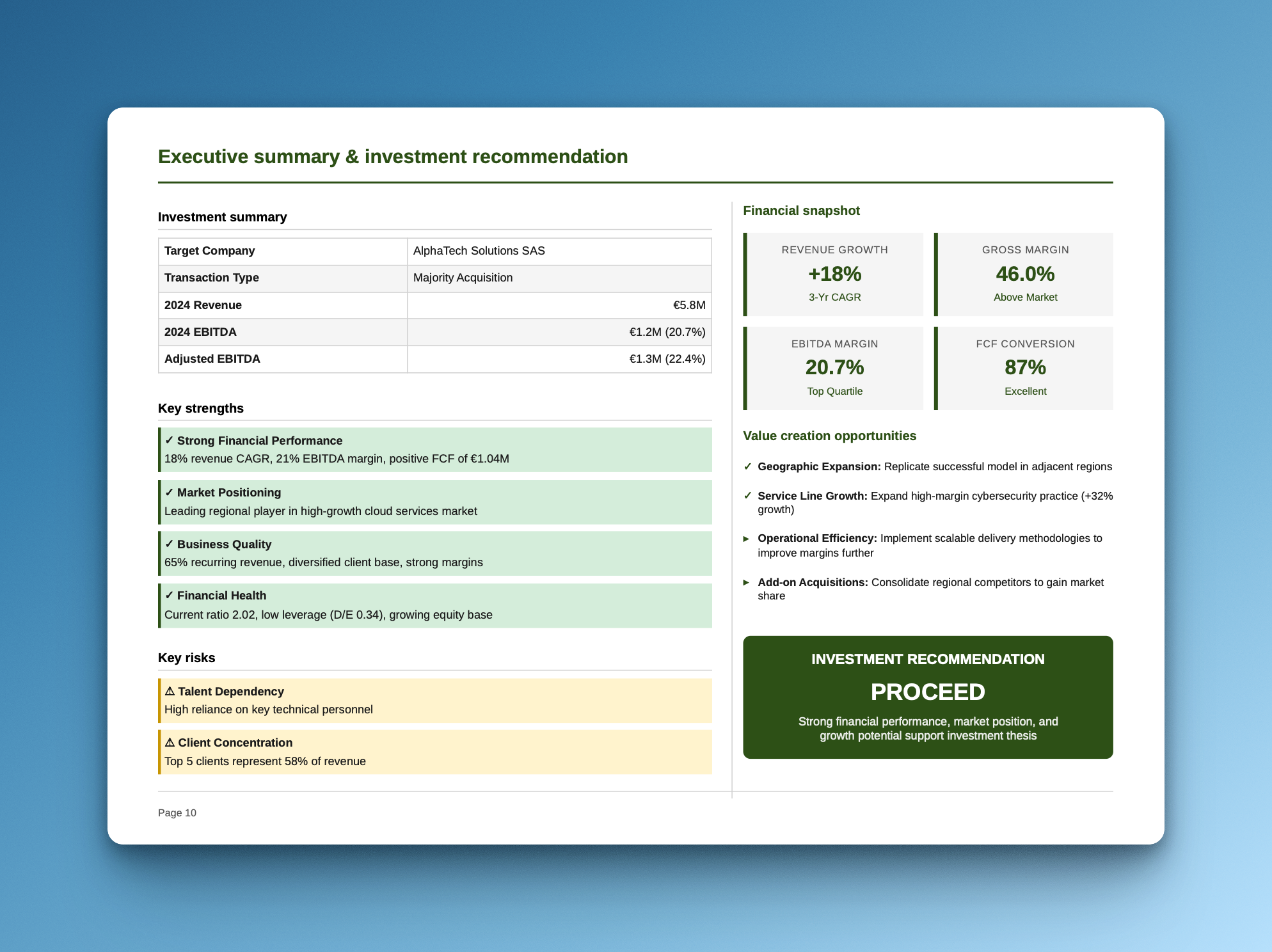 Executive summary and investment recommendation slide